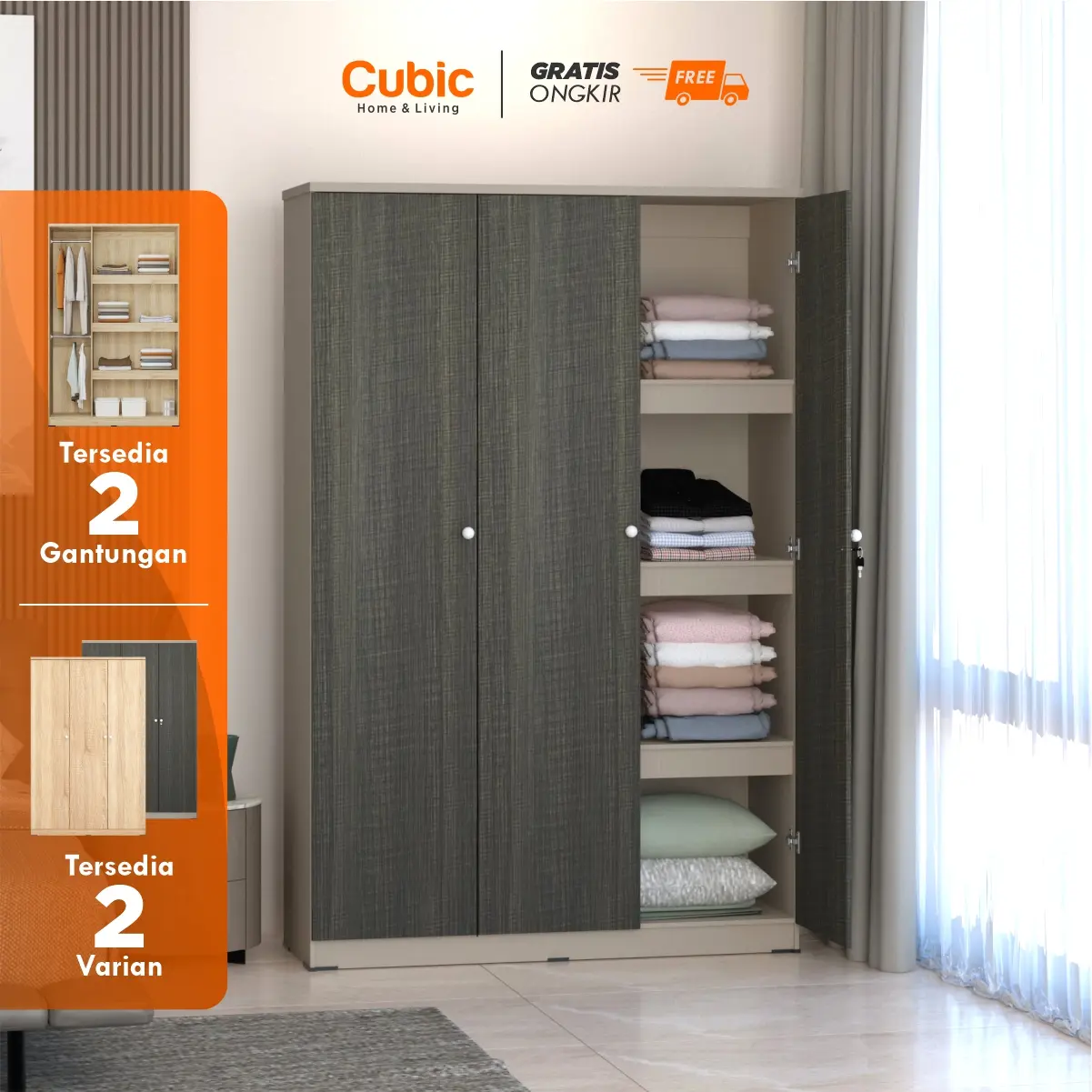 Cubic Lemari Pakaian Minimalis / Wardrobe Baju 3 Pintu / LUNA LP 3P