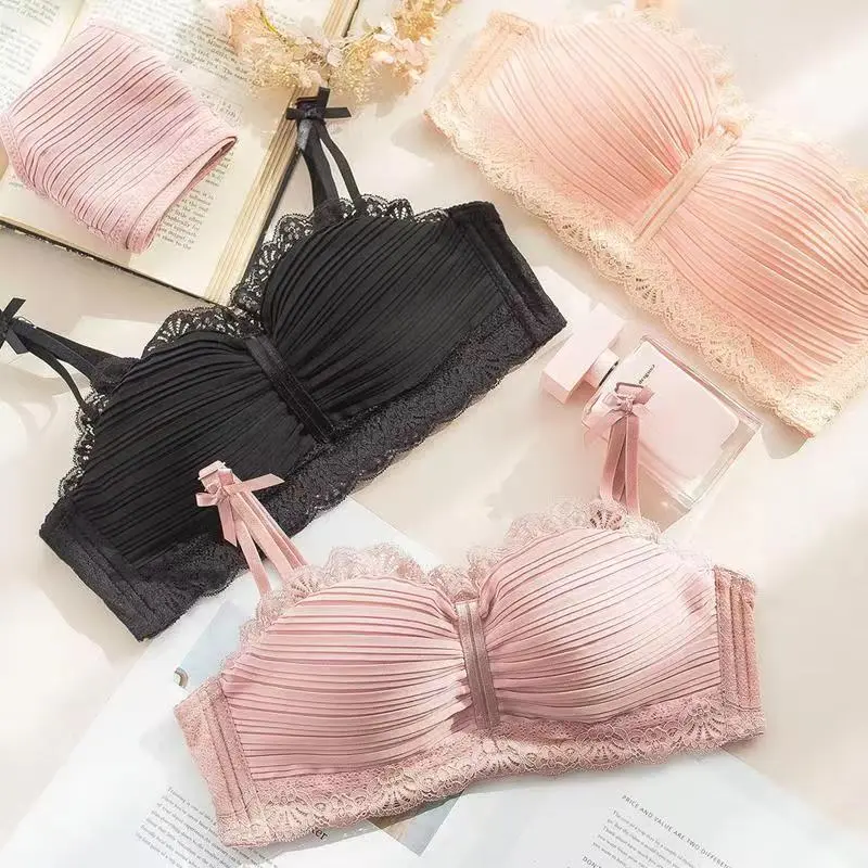Set (Bra+Celana Dalam) kawat push-up anti-eksposur seksi pita jaring renda merah muda putri manis versi Korea 4