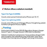 Gambar TRANYOO CC-8 Kabel Data, fast charging 240W Type-C ke Lightning, cocok untuk iPhone, Samsung, OPPO, VIVO, Xiaomi, POCO, realme, menggunakan bahan paduan seng, dengan efek LED mengalir, serta kabel anyaman nilon berdensitas tinggi. - 【240W】Type-C to Type-C dari TRANYOO ID Kab. Tangerang 2 Tokopedia