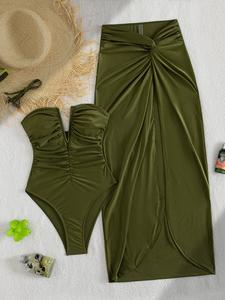 Traje de baño de dos piezas con perlas de moda, tirantes desmontables, escote en V, fruncido en la barriga, falda asimétrica y tejido de alta calidad
