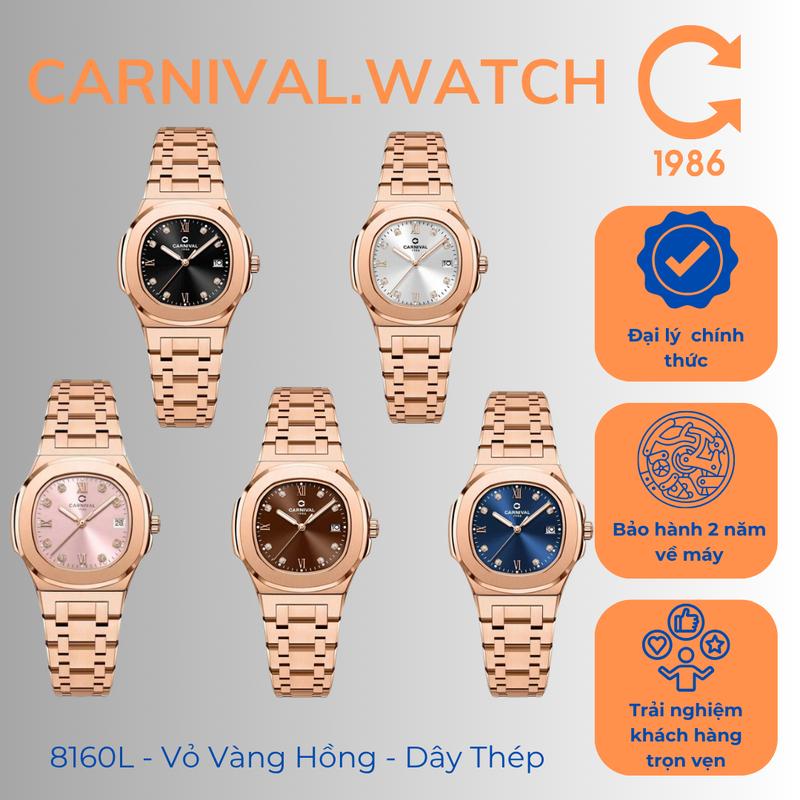 Đồng Hồ Nữ Carnival 8160L – Vỏ Hồng – Dây Thép