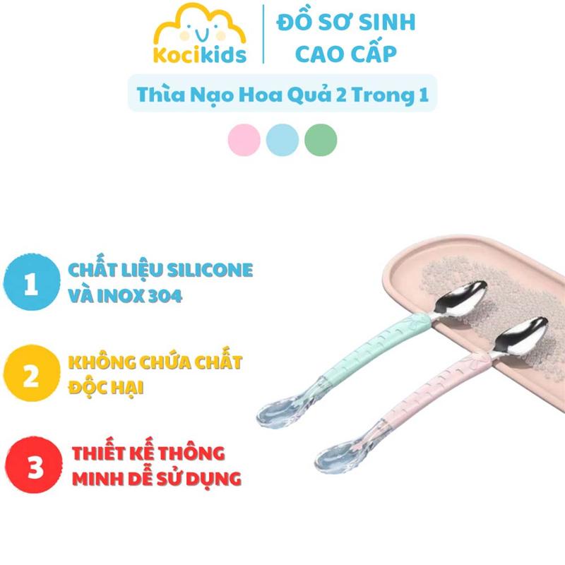 Thìa nạo hoa quả 2 trong 1 cho bé tập ăn dặm - đầu inox và đầu silicon mềm kèm hộp cao cấp