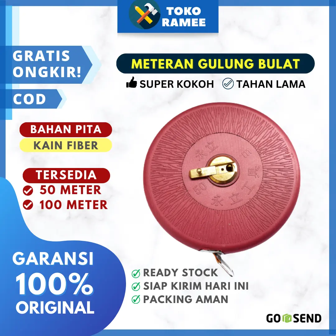 METERAN BULAT TUKANG ALAT PENGUKUR TANAH BANGUNAN GULUNG ROL ROLL MODEL BULAT PANJANG 50 100 MTR METER BAHAN KAIN KULIT FIBER GLASS ALAT TUKANG PERKAKAS PERTUKANGAN PENGUKUR MURAH BERKUALITAS