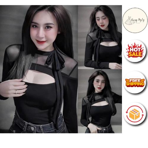 Áo Lưới Khoét Dài Tay có ngắn tay Cột Dây có Bigsize by HƯƠNG MYLY Nữ Women Top