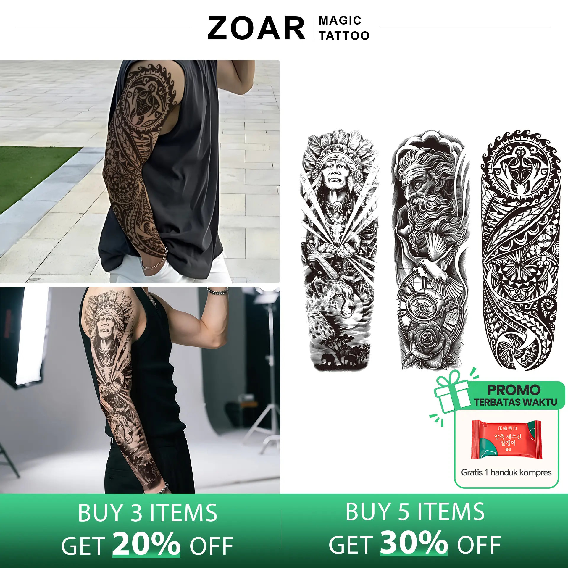 ZOAR-Y38 Stiker Tato Temporary Semi Permanen【seluruh lengan】Tahan lama Tattoo menempel dekorasi seni untuk pria dan wanita