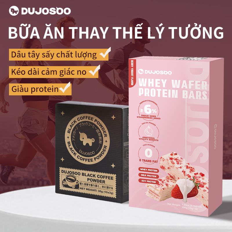 DUJOSOO Black Coffee Fitness Pairing | Thanh Protein Whey - Hương vị sữa chua dâu 200g (20g*10 gói) + Cà phê đen |Nhiều dâu tây sấy lạnh, giàu protein, dùng làm bữa ăn thay thế, bữa sáng dinh dưỡng hoặc đồ ăn vặt lành mạnh tại văn phòng