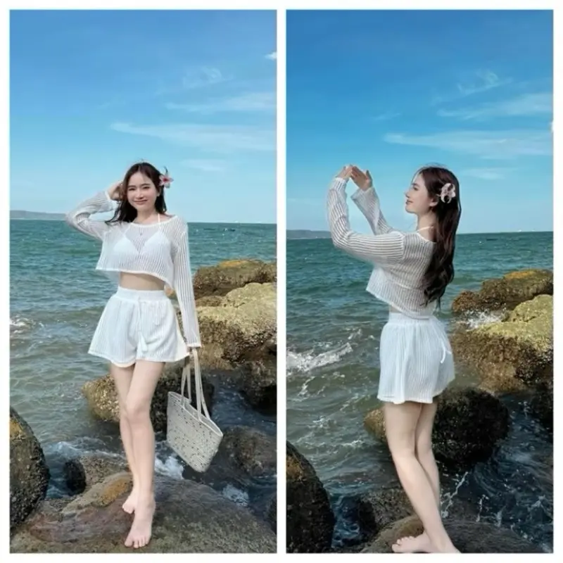 Set bộ đùi 3 món bara có mút len ren áo tay dài hở eo kiểu dáng sexy quyến rũ xinh xắn đi biển