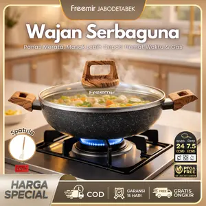 [MEGA SALE] [PO 10 April] freemir Wajan Hitam Panci Wajan Anti Lengket 24 cm Set Wajan+Tutup Kaca Batu Granit Gagang Kayu Kuping Kitchenware Alat Masak Lebaran Kitchenware Premium