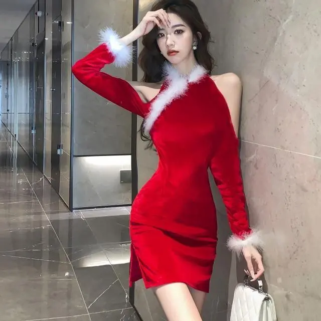 2023 Autumn and Winter Christmas New Year Red Improved Cheongsam Advanced Sexy Strapless Long Sleeve Waist-Tight Hip-Wrapped Dress