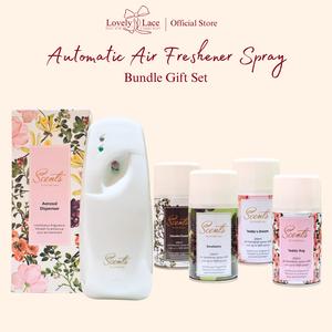 [Bundle] Lovely Lace Penyembur AUTOMATIK PEWANGI + 4 ISIAN SEMULA Semburan Pewangi Udara Lovely Lace (Automatic Fragrance Spray Dispenser + 4 Lovely Lace Air Freshener Spray Refill Cans) 250ml Bau Oriental Forest, Teddy's Dream, Teddy's Hug Set