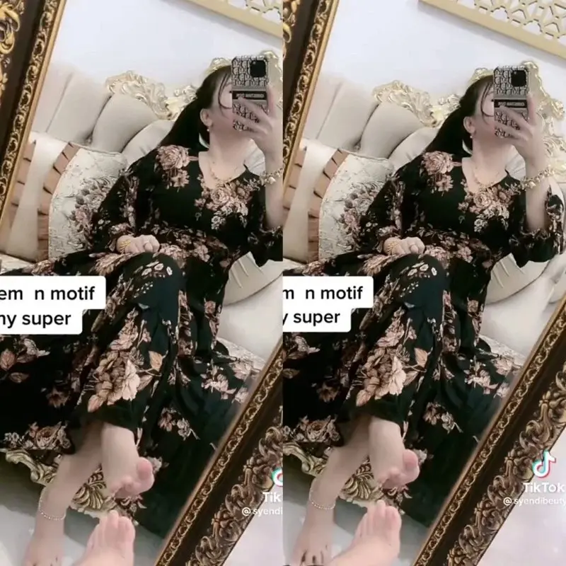 Gamis Dress Daster Bunga Casandra kancing Hitam dan Cream Murah 0