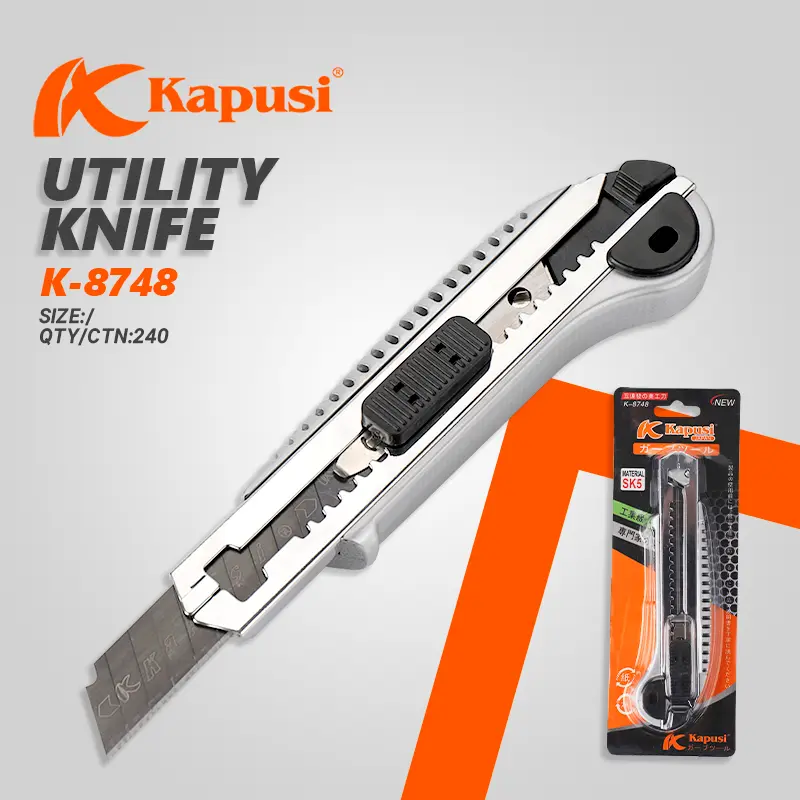 Kapusi Pisau Cutter Silver +5 Mata / Pisau Cutter/Utility Knife / Ukuran 18mmK-8748 Cutter Kecil Pisau Utilitas Snap-Off Knife Pisau Seni Kerajinan Tangan 18MM Heaty Duty Utility Knife Multifunction Stainless Steel estilete profissionalAlat Aluminium