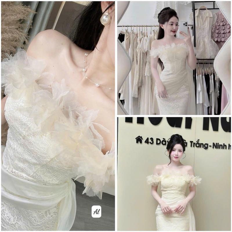 Váy ren thiết kế cao cấp trễ vai nổi hoa siêu xinh shop HN DESIGN