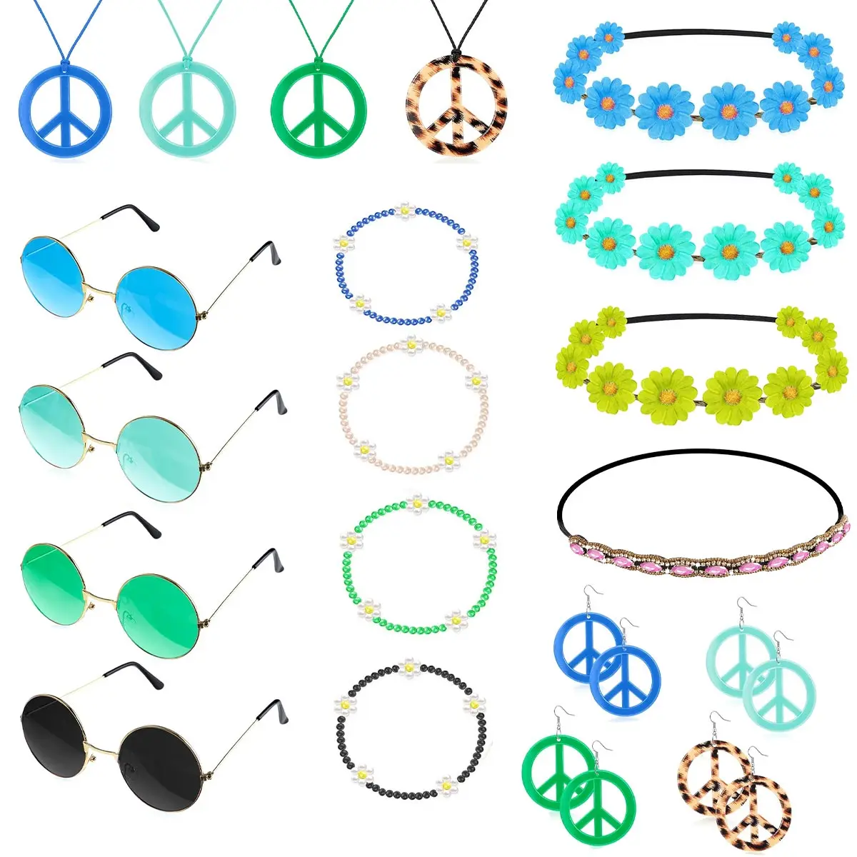 5 Pieces Hippie Costume Accessories Set, Peace Sign Necklaces, Round Sunglasses, Daisy Flower Headbands, Pearl Bracelets, Peace Earrings,
