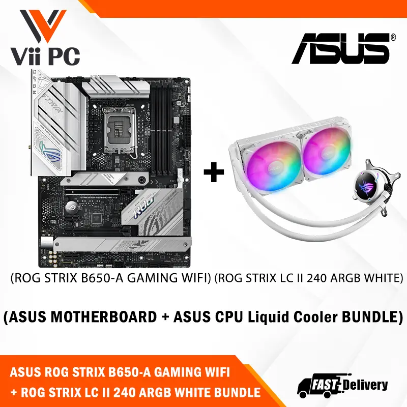 ASUS ROG STRIX LC II 240 ARGB WHITE Edition AIO CPU Liquid Cooler with Aura Sync, and Dual ROG 120mm addressable RGB radiator fans + ASUS ROG STRIX B760-A DDR5 ATX Motherboard BUNDLE