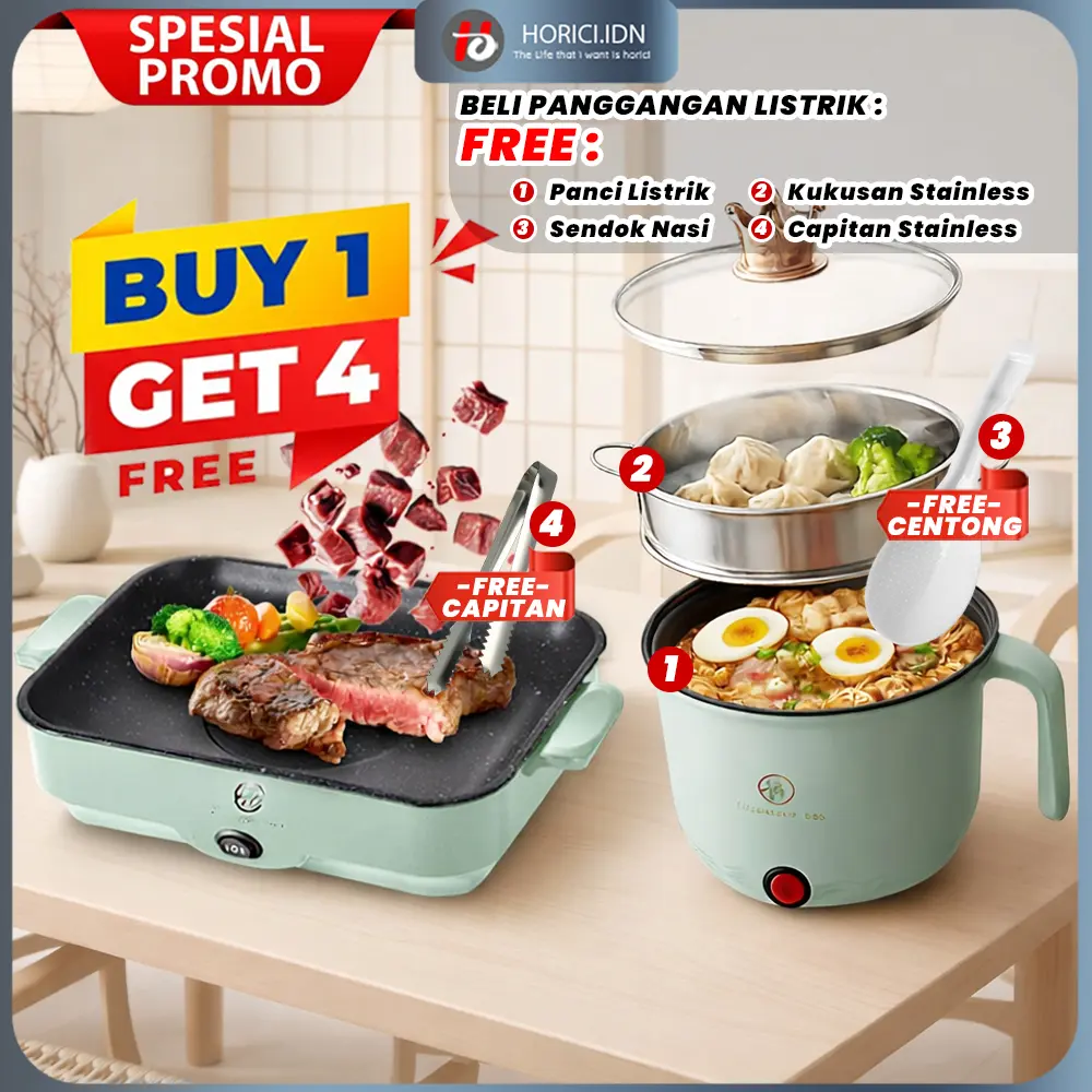 BUY 1 FREE 4 Panggangan Multifungsi BBQ ElektrIK Panci Pemanggang Anti lengket Persegi Panjang Panci Panggang Listrik Grill Electric Hijau