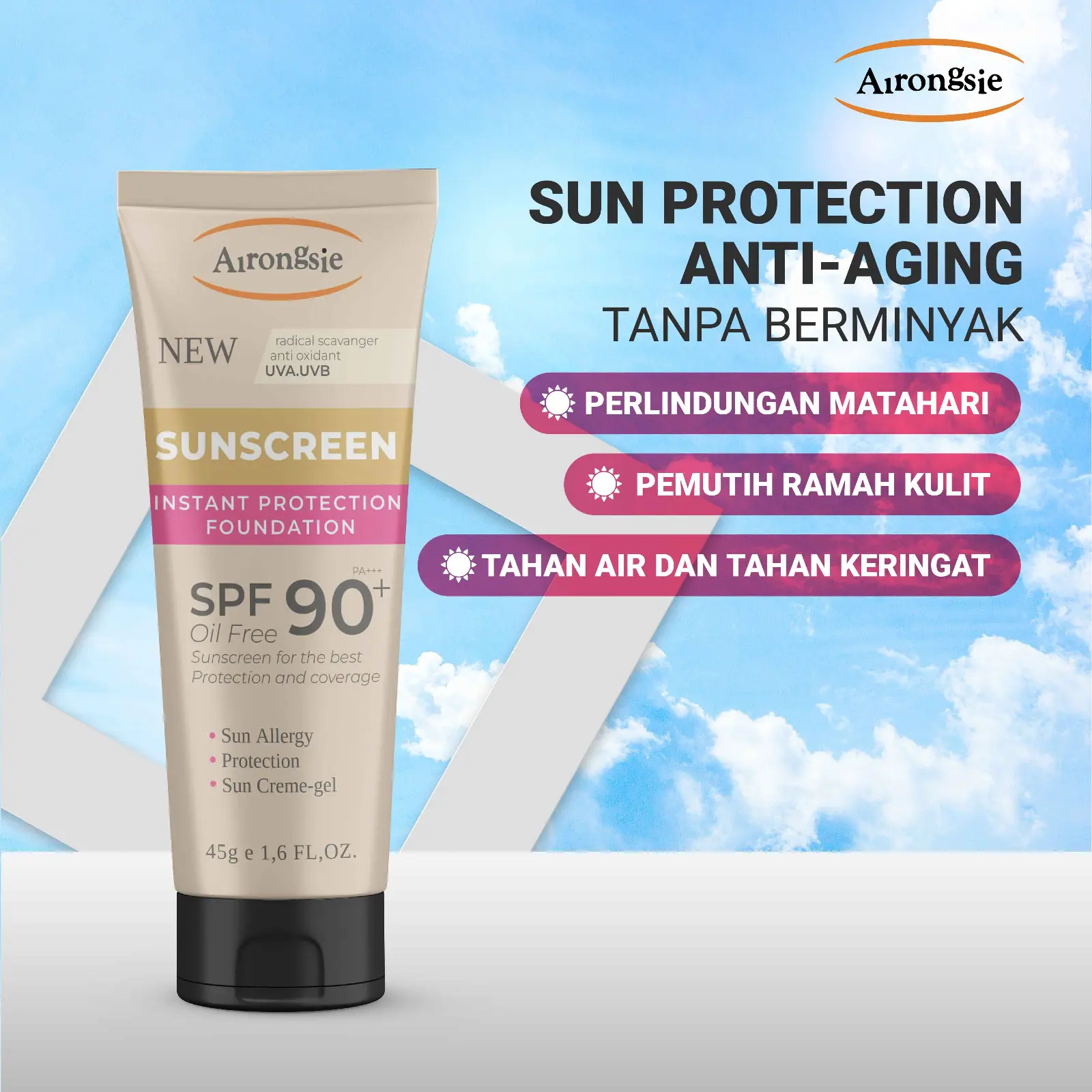 Airongsie Sunscreen SPF 90+ Foundation | Sun Protection & Anti-Aging Tanpa Minyak 45gr Wajah Lotion