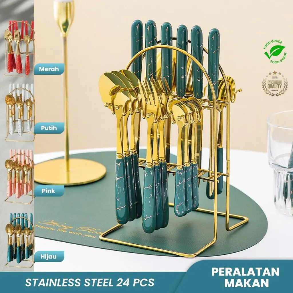 【COD】Sendok Makan Set Motif Keramik / Sendok 24Set Marble Dengan Rak Mewah Gold Elegant Garpu Peralatan