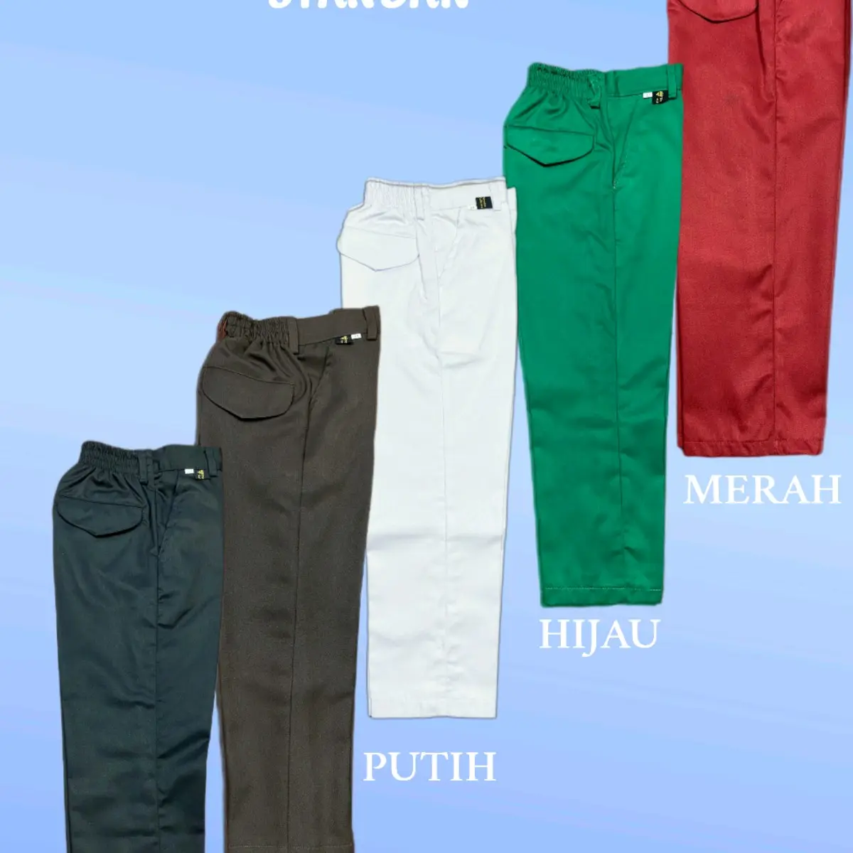 CELANA PANJANG SERAGAM ANAK SEKOLAH SD MI WARNA MERAH, PUTIH, HIJAU, HITAM, PRAMUKA BAHAN AMERICAN DRILL