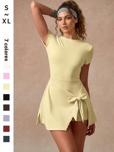 Mujer vestido deportivo de color sólido, manga corta, elasticidad, ajustado, sin espalda; ideal para yoga, correr, entrenamiento, tenis, moda casual, golf, sin rozaduras.
