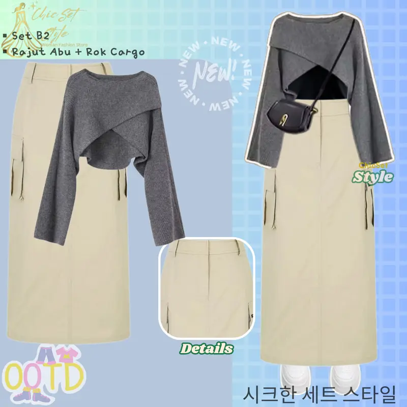 3in1 OOTD Korean Style CS034 One Set Kekinian Rajut Silang Tangtop Rok Cargo Outfit Cantik Outfit Kuliah Casual Setelan Keren Baju Remaja Wanita Atasan Dewasa Panjang 3