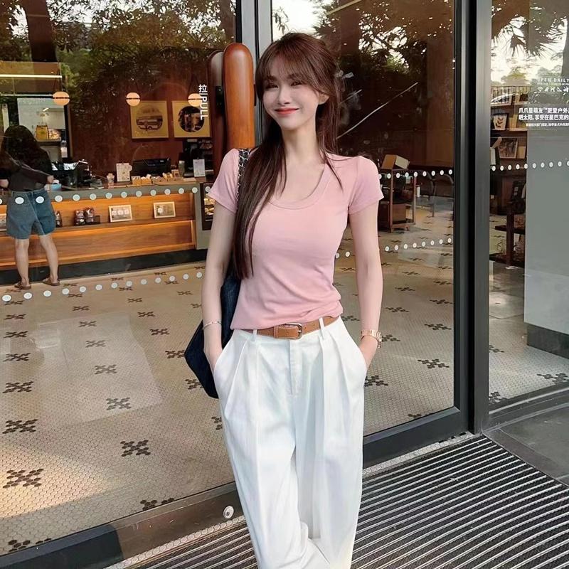 Kaka Women's Basic Department Ceiling U Neck Knit T-Shirt Slim Straight Shoulder Short Sleeve Tops for Women 5