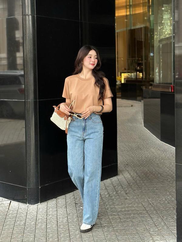  Rede  Quần Jeans Nữ Ống Suông Rộng Cạp Cao Chất Cotton  KHÔNG GIÃN dày dặn Màu Xanh Bạc  L-02E  Pants Women Ong 