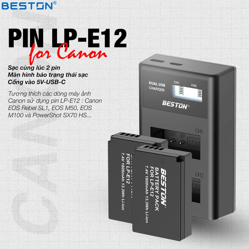 Bộ 2 Pin LP-E12 + Sạc Đôi LP-E12 Beston Cho Canon EOS M10 EOS M6 EOS M50 EOS…