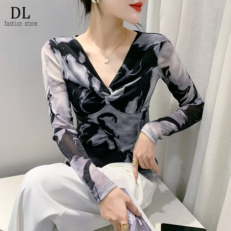 DL 2025 Autumn New V-neck Slim Fit Long Sleeve Mesh T-shirt Pullover with Slim Cross Over Size 4XL Top for Women blouse
