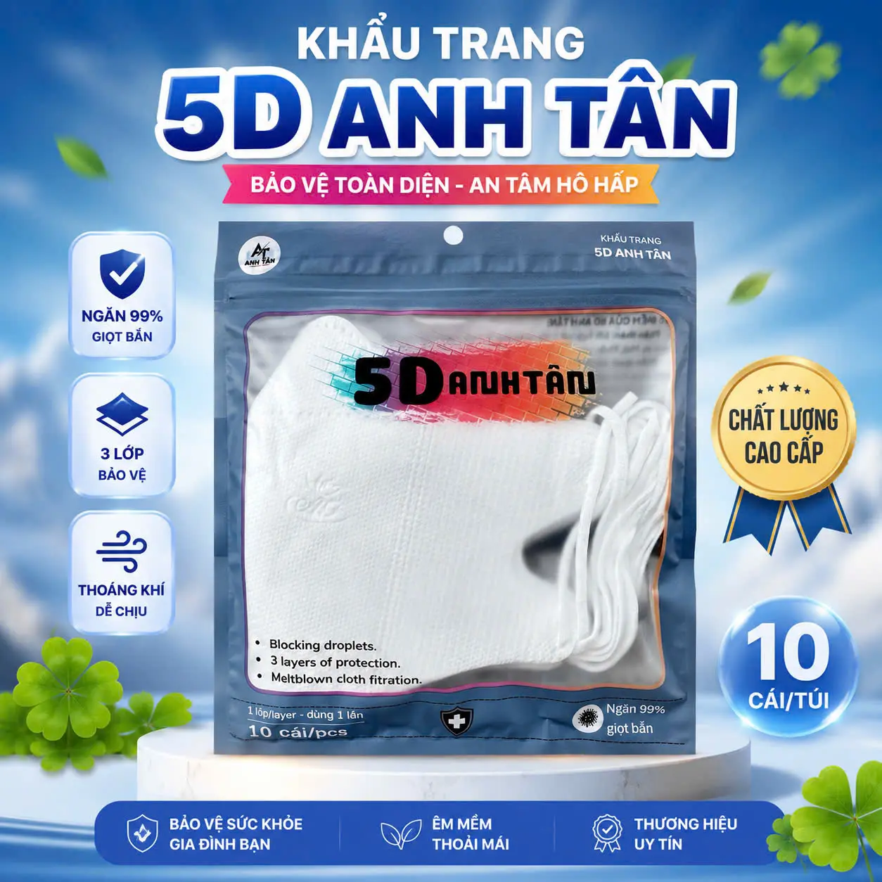 Combo Khẩu Trang 5D ANH TÂN 3 Lớp Kháng Khuẩn, Kháng Giọt Bắn Chống Tia UV Phụ Kiện 2030