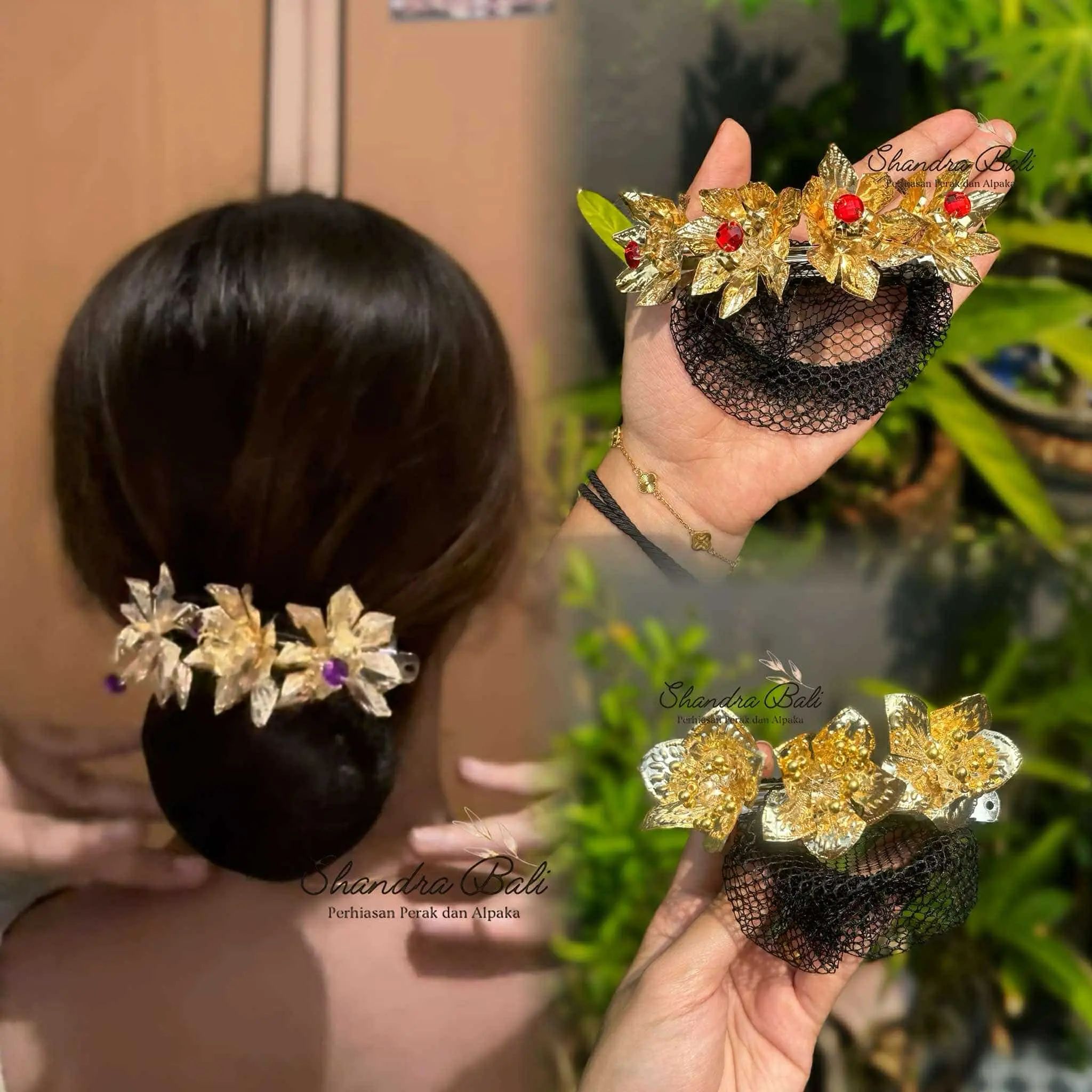 SHANDRA BALI - JEPIT JARING HARNET ISI BUNGA SEMANGGI SARI MOTE MUTIARA WARNA EMAS GOLD TEMBAGA HIASAN RAMBUT HAIRDO SANGGUL PERNIKAHAN KE PURA PENARI BALI