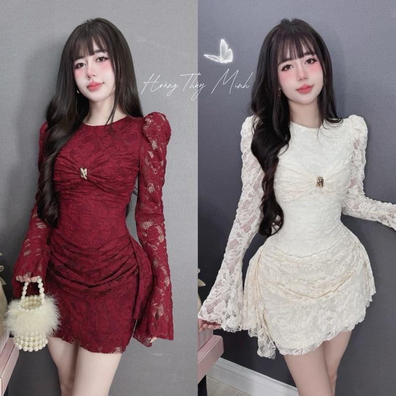  H9- HÀNG SẴN ĐI LIỀN- CÓ BIGSIZE  Đầm Ren Tay Loe Dài Gợn Sóng Đính Khoen Vàng Sang Trong Cao Cấp-HoangThuyMinh97 