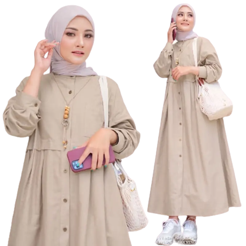 Gamis Midi Dress Zasqia Wanita Muslim Korean Style Bahan Linen Ramie Ukuran Sampai Super Jumbo