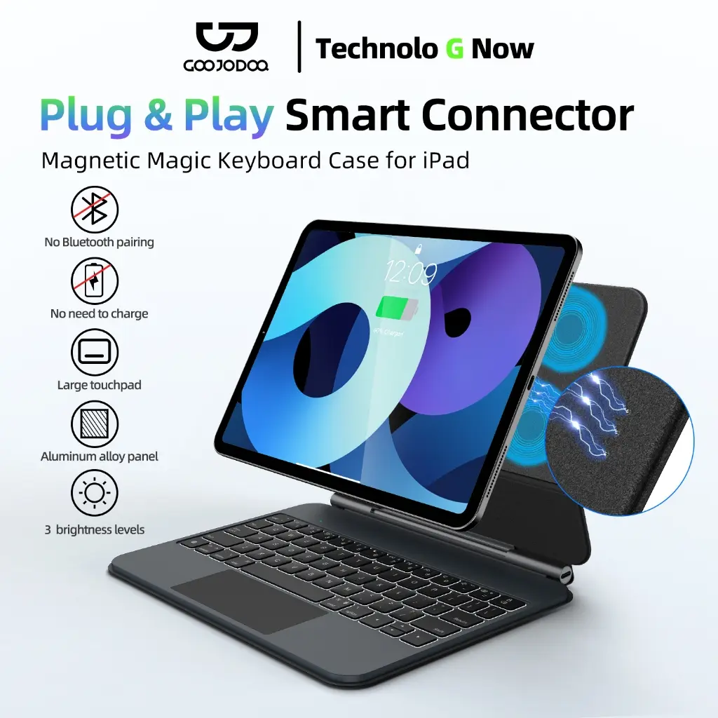 GARANSI 1 TAHUN! Goojodoq 6th Gen Smart Magic Keyboard for iPad 2018-2025 untuk Aluminium Frame & Reverse Charging - Air 4/5/6 11 pro11