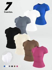 Camiseta deportiva de color sólido para mujer, cuello redondo, de alta elasticidad, cómoda y transpirable, de manga corta para entrenamiento en el gimnasio, ropa deportiva para damas para el verano
