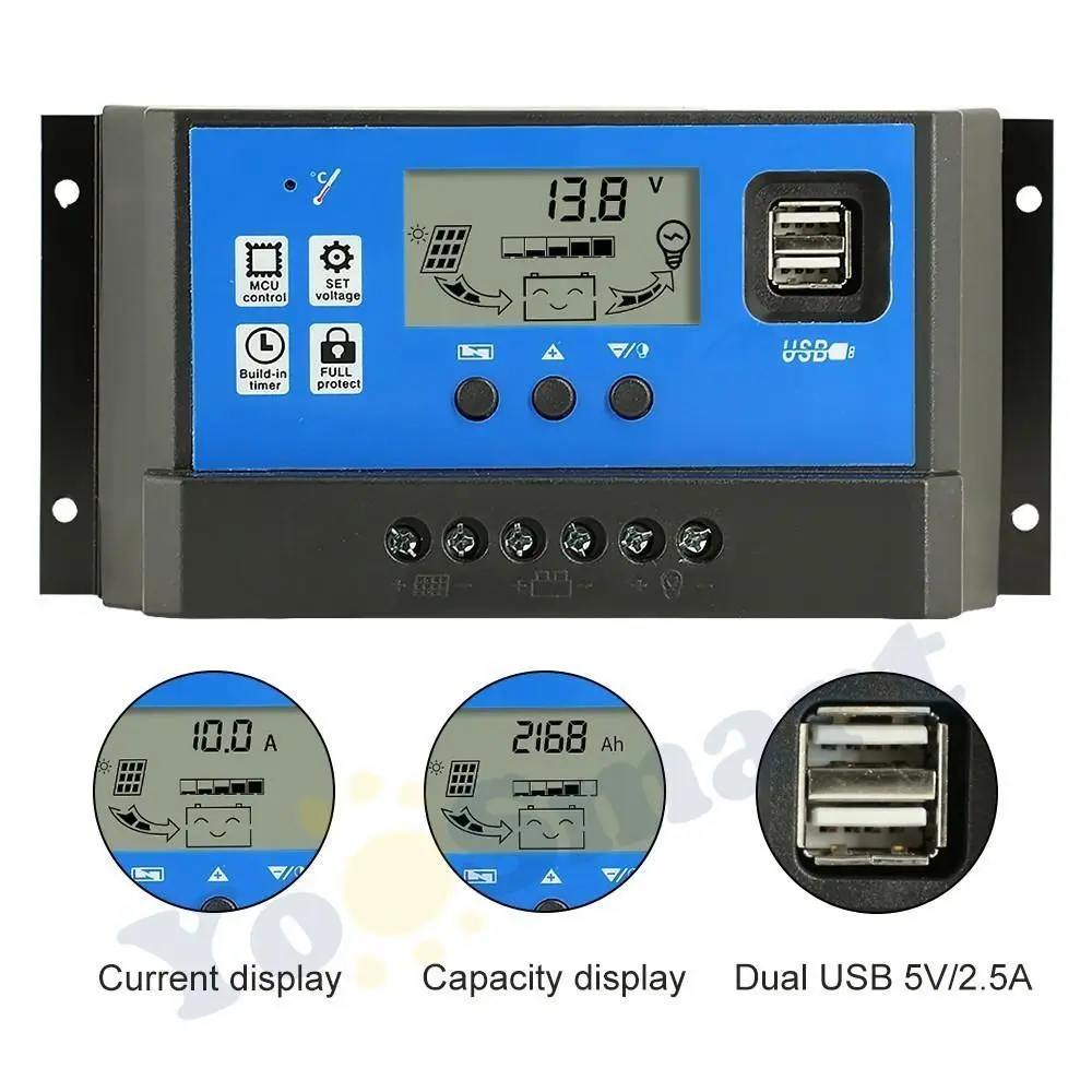 PWM Solar Charge Controller 2 USB/Solar Charger Controller Pengontrol Surya 12V 24V 50A Solar Charge Controller Rumah