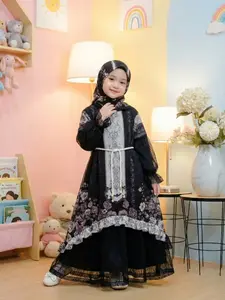 Gamis Raya Sultan Babydoll Mix Tille Full Puring Anak Perempuan Usia 3 - 10 Tahun / Baju Gamis Anak Motif Sultan Free Belt Mutiara - Pakaian Muslimah Lebaran Anak Free Hijab by AK