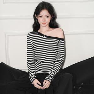 Elegant Asymmetrical Neckline Striped Long Sleeve Top, Women's Early Fall Fashion Design, Slim-Fitting Casual Wear 7594# Womenswear Short