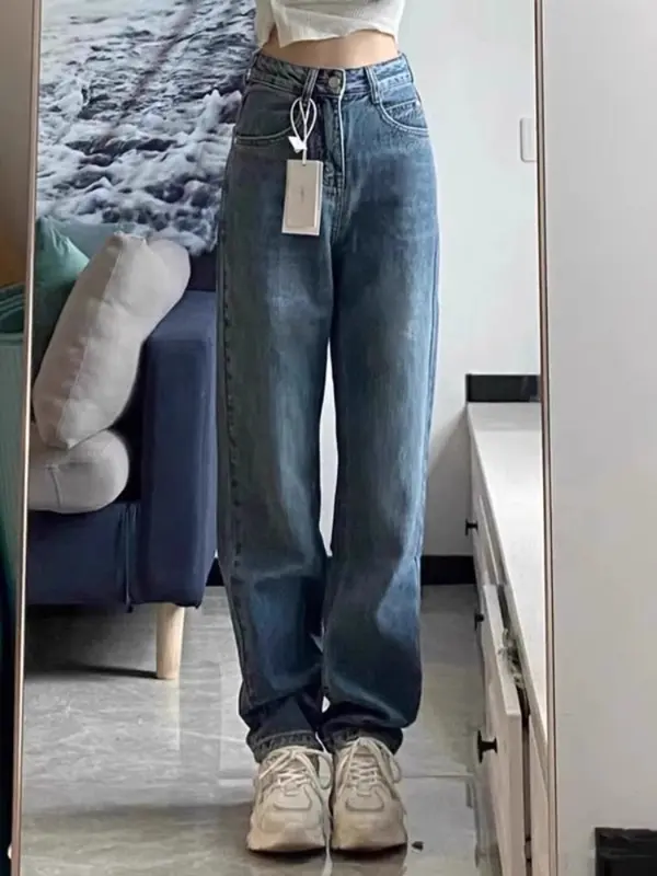 Celana jeans high waist wanita korean style Jeans baggy pants Serbaguna Kasual Biru Retro 0