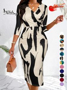 Aling vestido ajustado de mujer con estampado completo, elegante y casual con escote en V para uso diario y al aire libre, vestido de mujer para primavera y otoño