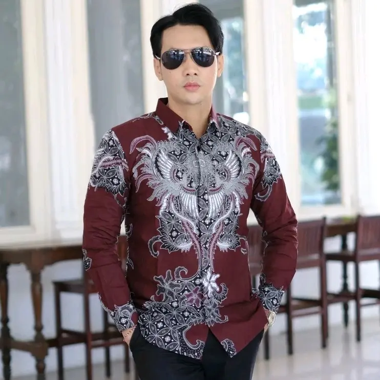 Batik pria dewasa - kemeja warna burgundy -atasan motif tulis burgundi casual panjang pendek Baju Katun Lembut Nyaman Keren Merah Kain 0