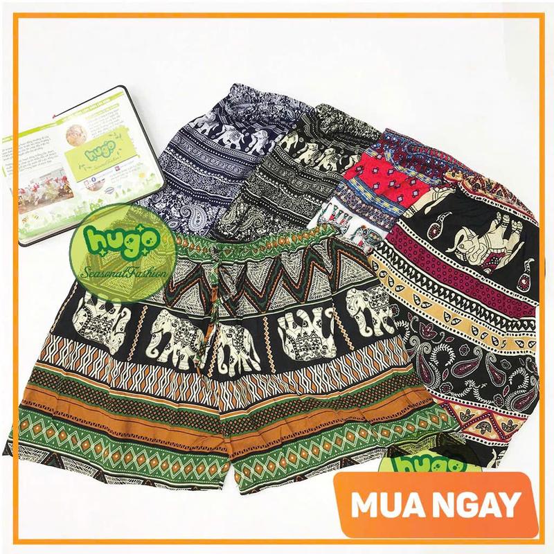  Quần đùi lanh quần short họa tiết thổ cẩm nam nữ mặc nhà đi biển phom to từ 45 - 75 kg chất liệu siêu mát mềm mịn Hugo Shop 