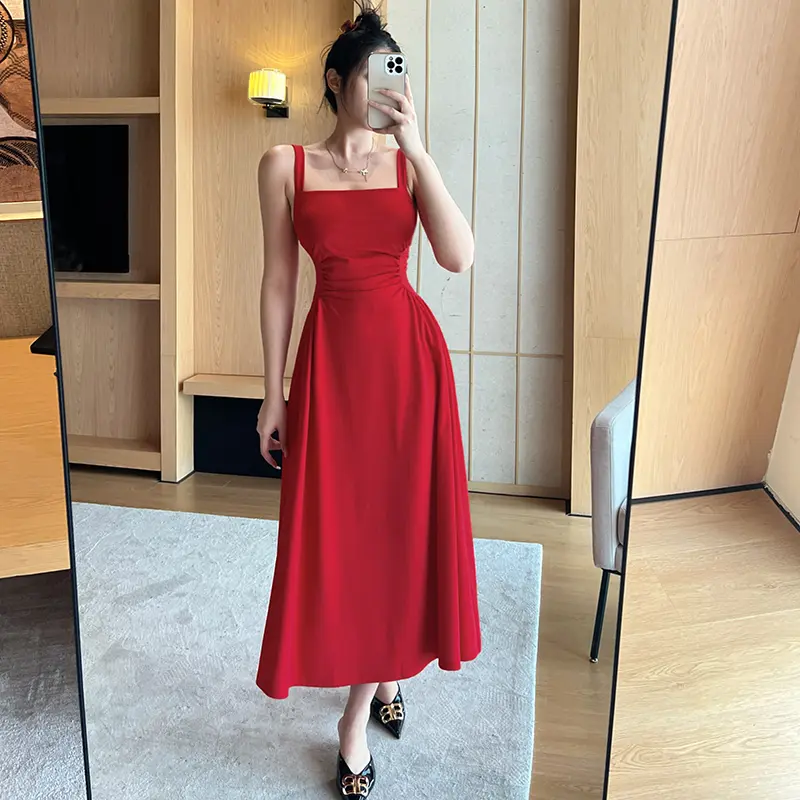 JY23115GN Pleated Waist Strap A-hem Dress