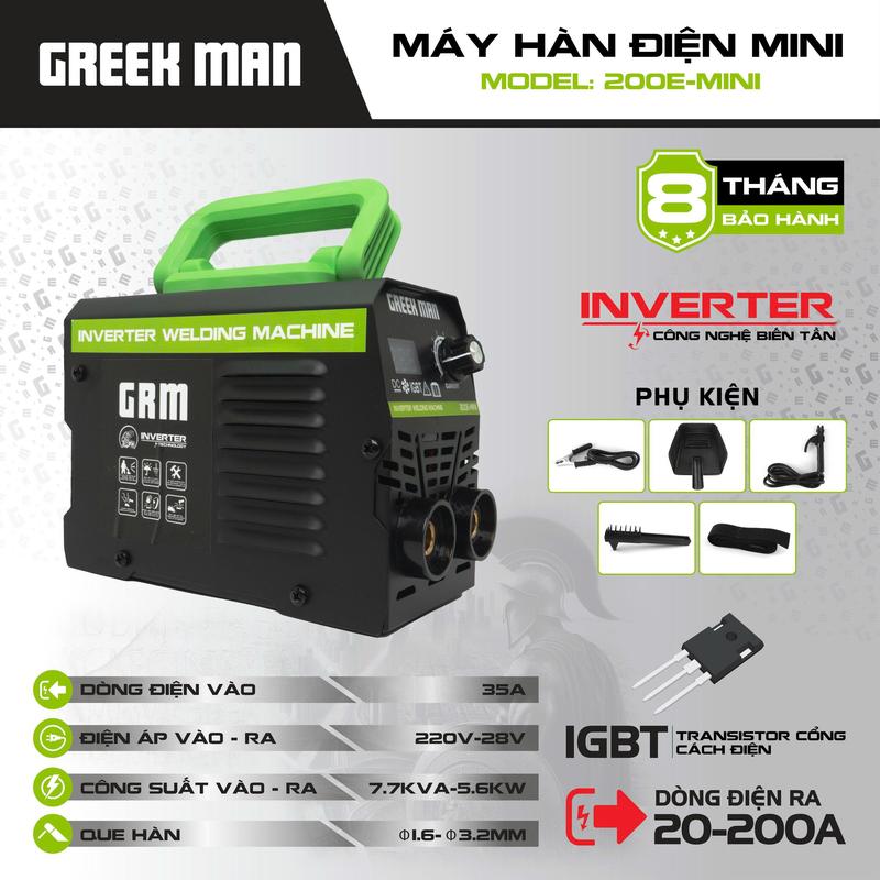   DEAL LIVE  Máy Hàn Điện Tử Mini GREEKMAN 200E-MINI | Dòng Ra 200A Hàn Que 1.6-3.2mm Nhỏ Gọn 1.5kg Bảo hành 8 tháng CHÍNH HÃNG  