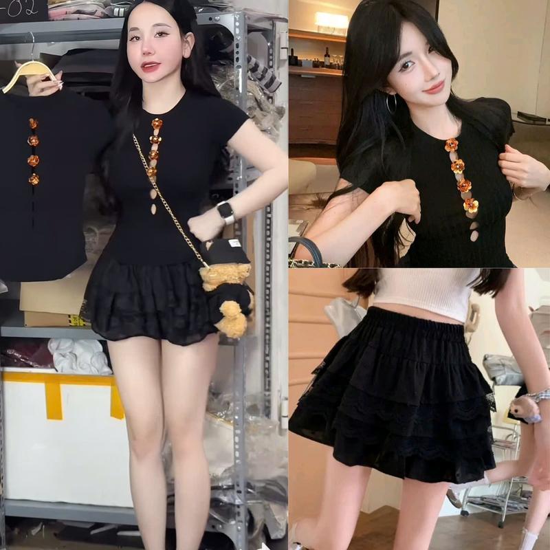 Set Áo Len Đen Hoa Đính Ôm BoDy Mix Chân Váy Xoè 3 Tầng Phối Ren Đen Phong Cách Trẻ Trung Nổi Bật Mặc Đi Chơi Đi Làm Dễ Mặc Dễ Mix Top BY TH