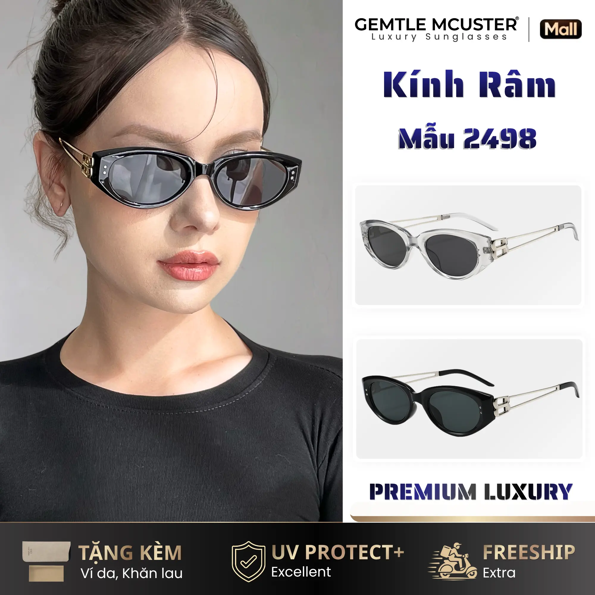 【GEMTLE MCUSTER】Kính Râm Nữ Cao Cấp Phong Cách Đường Phố Người Nổi Tiếng Chống Tia UV400 Dành Cho Nam Nữ Mùa Hè 2026 Model 2498