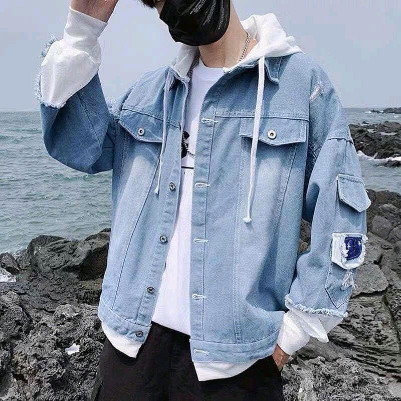 [40 85kg ] Áo khoác jean HN nam nữ phối mũ nỉ và xanh trơn và xanh chữ  hot size M,L,XL XXL Menswear Jacket  Có Cổ Có Túi Kem