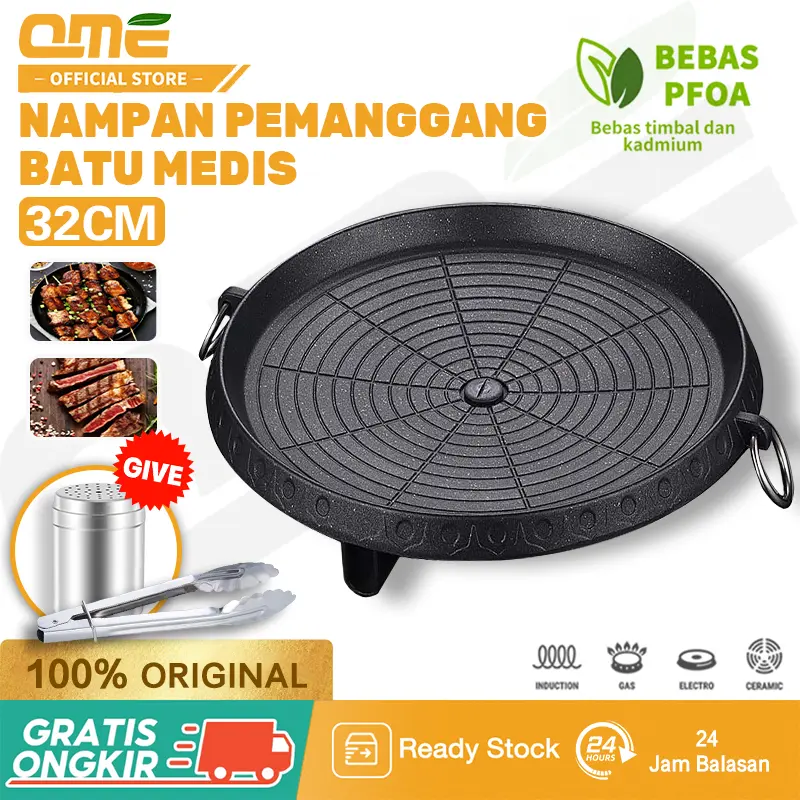 QME- Grill Pan Alat Pemanggang BBQ Batu Medis 32CM Pegangan Berbentuk Cincin Anti Lengket FREE Botol Merica Shaker + Capitan Stainless BEBAS PFOA -Kitchenware