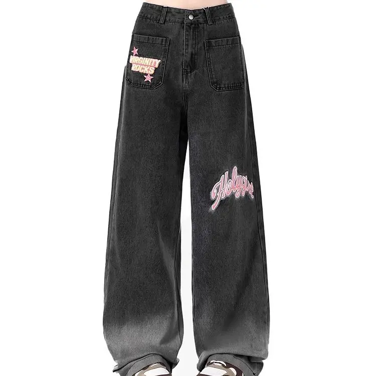 Jeans desain gradien warna kontras untuk wanita di musim gugur celana lebar bordir bermotif merah muda celana panjang lantai yang dicuci retro