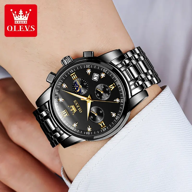 OLEVS men's stainless steel chronograph watch, large face gold silver black tone easy to read analog quartz watch, luxurious waterproof date diamond Roman Arabic numeral dial formal watch 6
